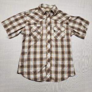 Wrangler Mens Retro Western Fashion Snap Shirt Short Sleeve Brown Blue Plaid